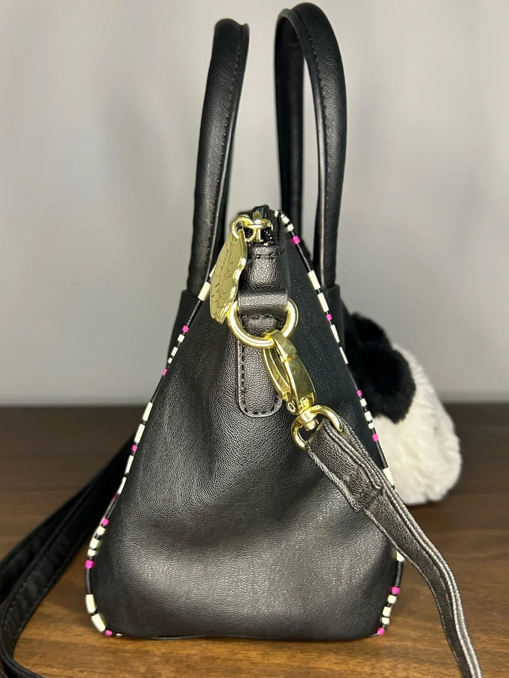 Luv Betsey Johnson Striped Black Pink Satchel Tote Panda Pom Charm
